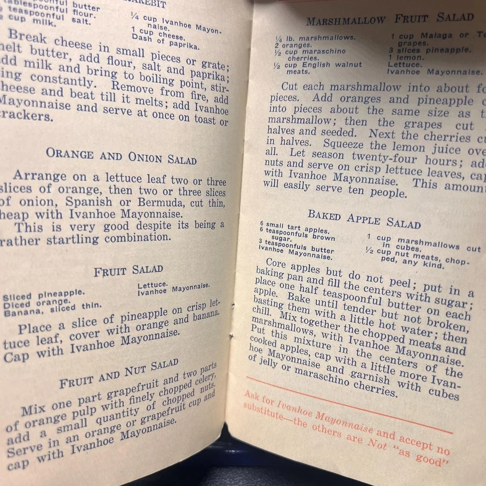 Salads‎ Sandwiches Sauces, antique cookbook pamphlet 1910s Ivanhoe Mayonnaise